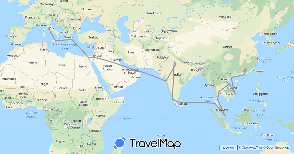 TravelMap itinerary: driving, plane in United Arab Emirates, China, Egypt, Greece, India, Italy, Jordan, Sri Lanka, Oman, Singapore, Thailand, Vietnam (Africa, Asia, Europe)